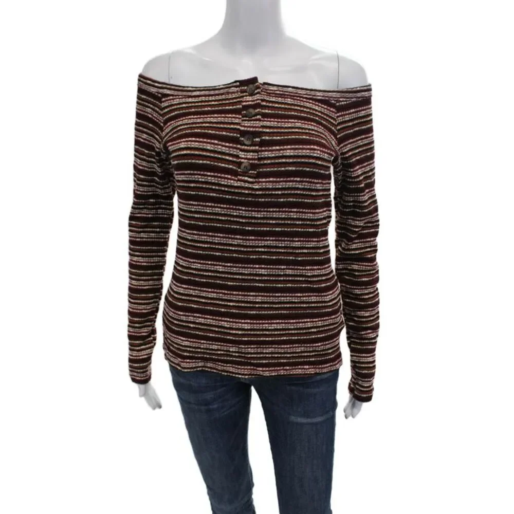 Project Social T Womens Long Sleeve Scoop Neck Striped Sweater Red White Medium